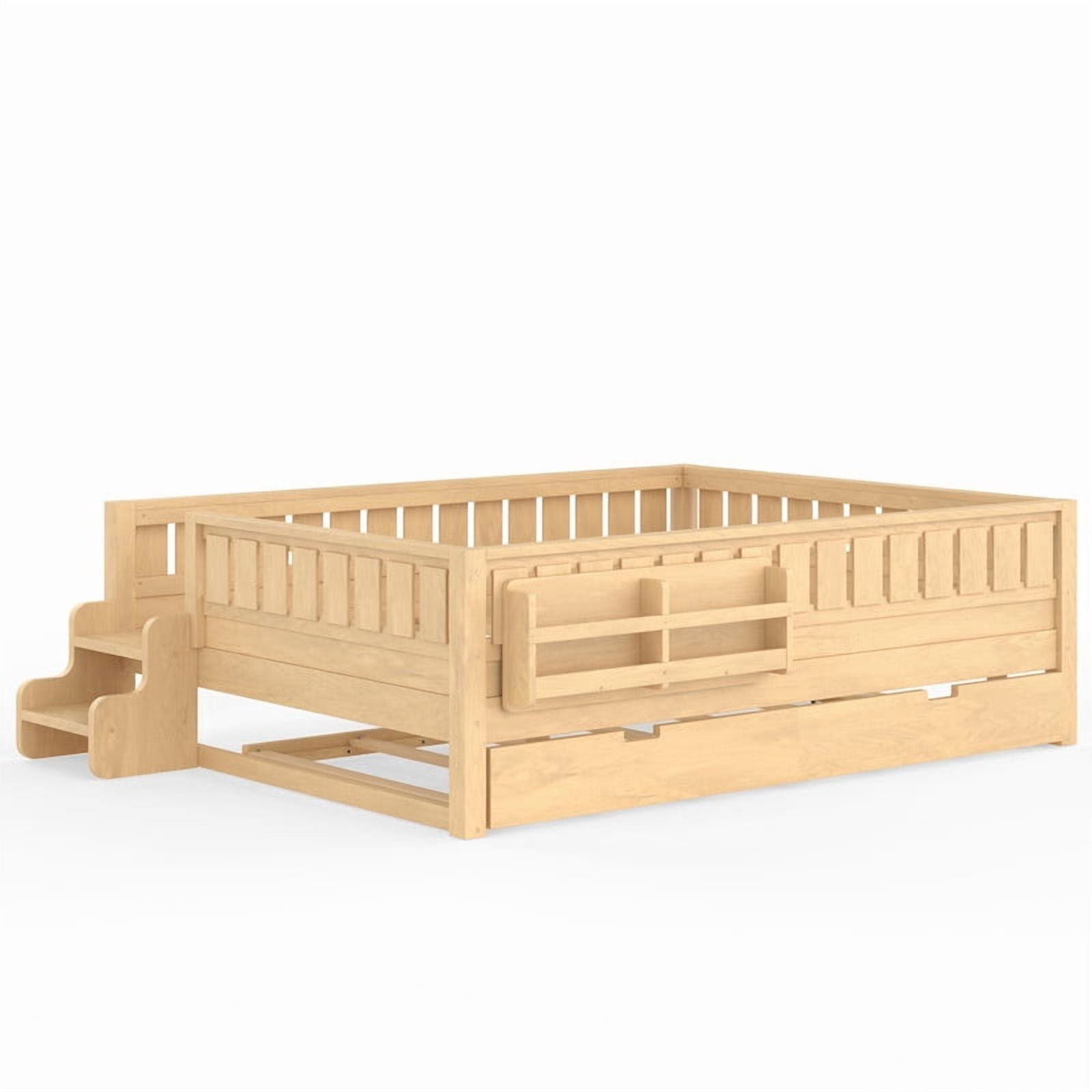 Queen Size Low-Profile Kid's Platform Bed with Built-in Bookshelves & Small Staircase, Wooden Bed Frame with Safety Rails & Trundle
