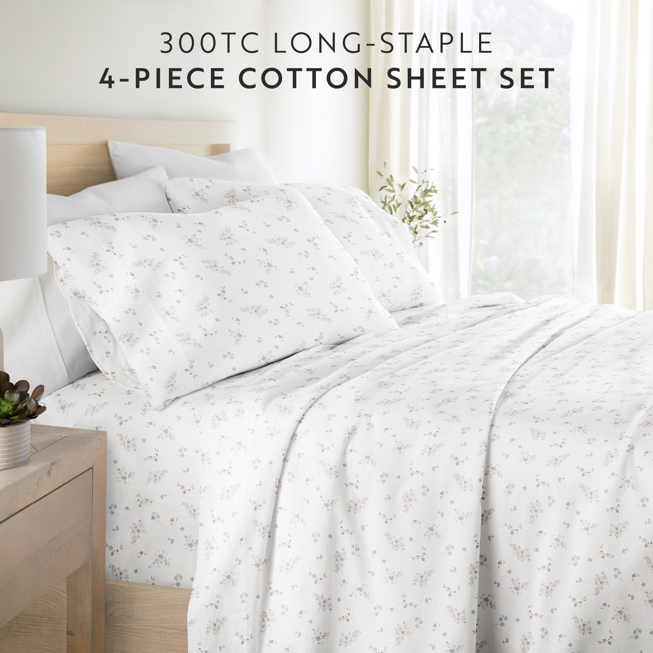 Noble Linens 4 Piece 300TC Cotton Printed Sheets, Bouquet Bliss Pink, California King