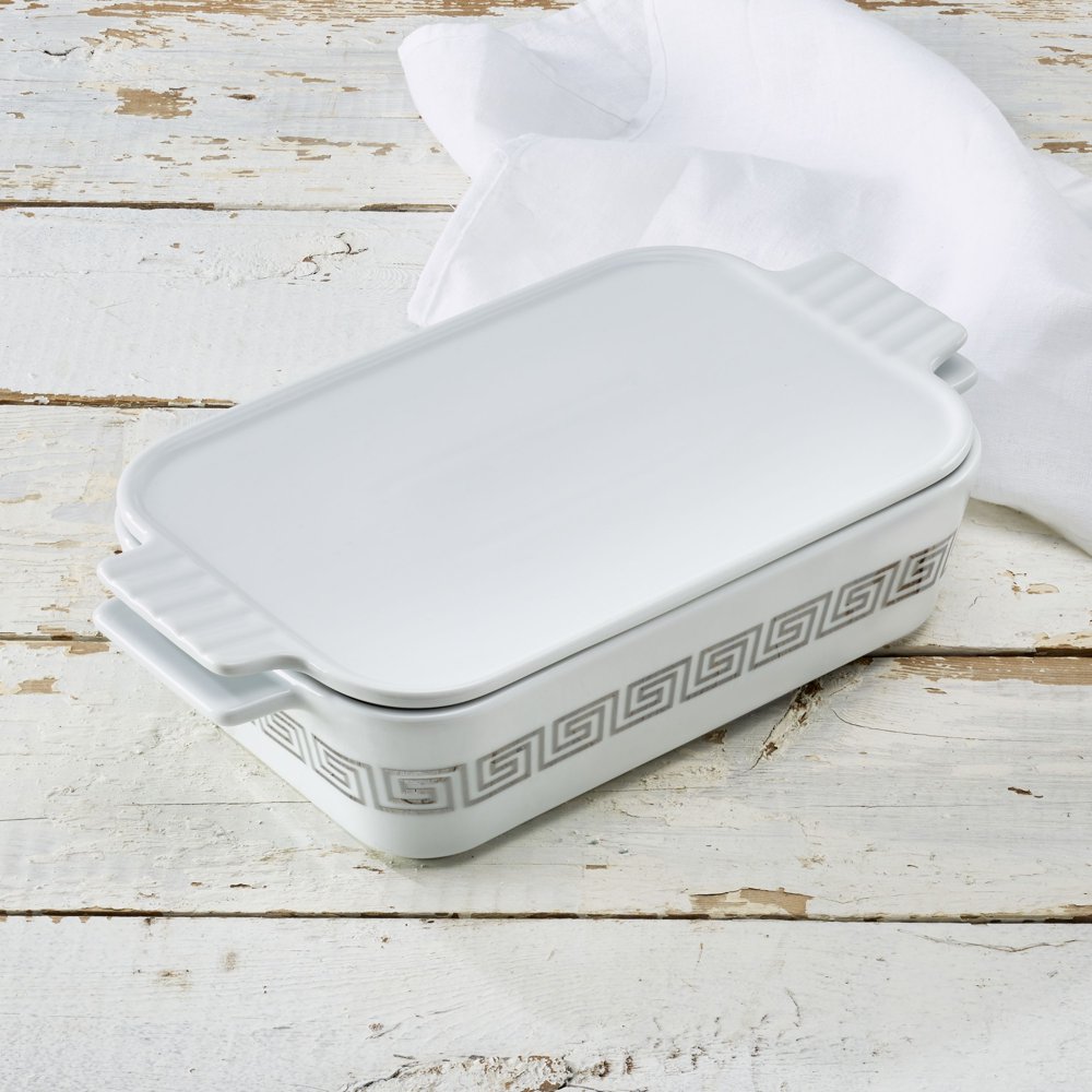 Mythology Rectangular Porcelain Casserole Dish with Lid, White