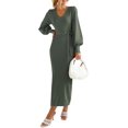 thumbnail image 1 of Pull-Over en Tricot pour Femmes Automne 2023 Élégant Manches Longues Lanterne Col en V Robe Maxi, 1 of 6