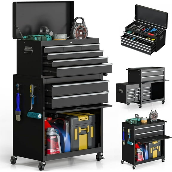 Tool Chest, 8-Drawer Rolling Tool Storage Cabinet with Enhanced Packaging, Detachable Top Tool Box, Metal Tool Cart with Hooks and Liners, for Garage, Workshop, Black