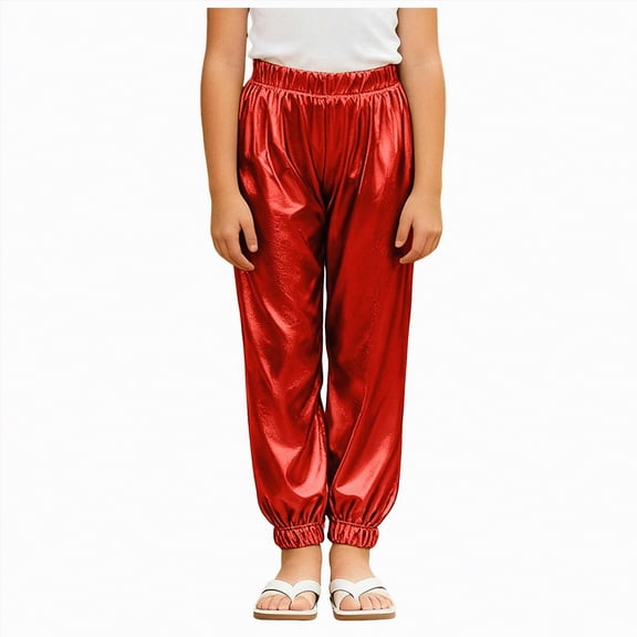 mgoYE Girls Sequin Pants Sparkle Kids Elastic Waist Glitter Disco Dance Trousers(Red,8-9 Years)