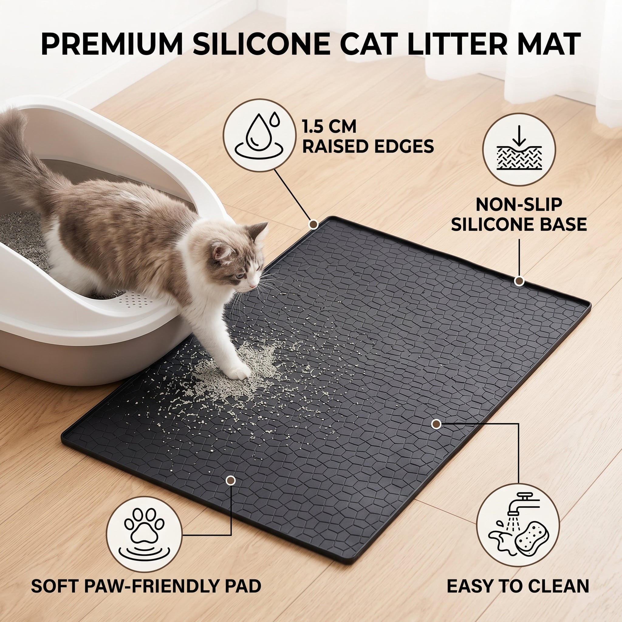 CACAGOO Large 34" X 22" Cat Litter Mat, Waterproof Silicone Pad for Floor, Thickened Silicone Cat Litter Mat Easy Clean Mat for Cat Feedi, Black