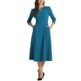 thumbnail image 4 of Vestido de trabajo para mujeres INSPIRE CHIC, corte A, mangas 3/4, vestido midi elegante, azul pavo real L, 4 of 6
