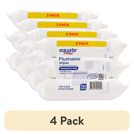 (4 pack) Equate Flushable Wet Wipes, Fragrance Free, 144 Wipes, 3 Pack