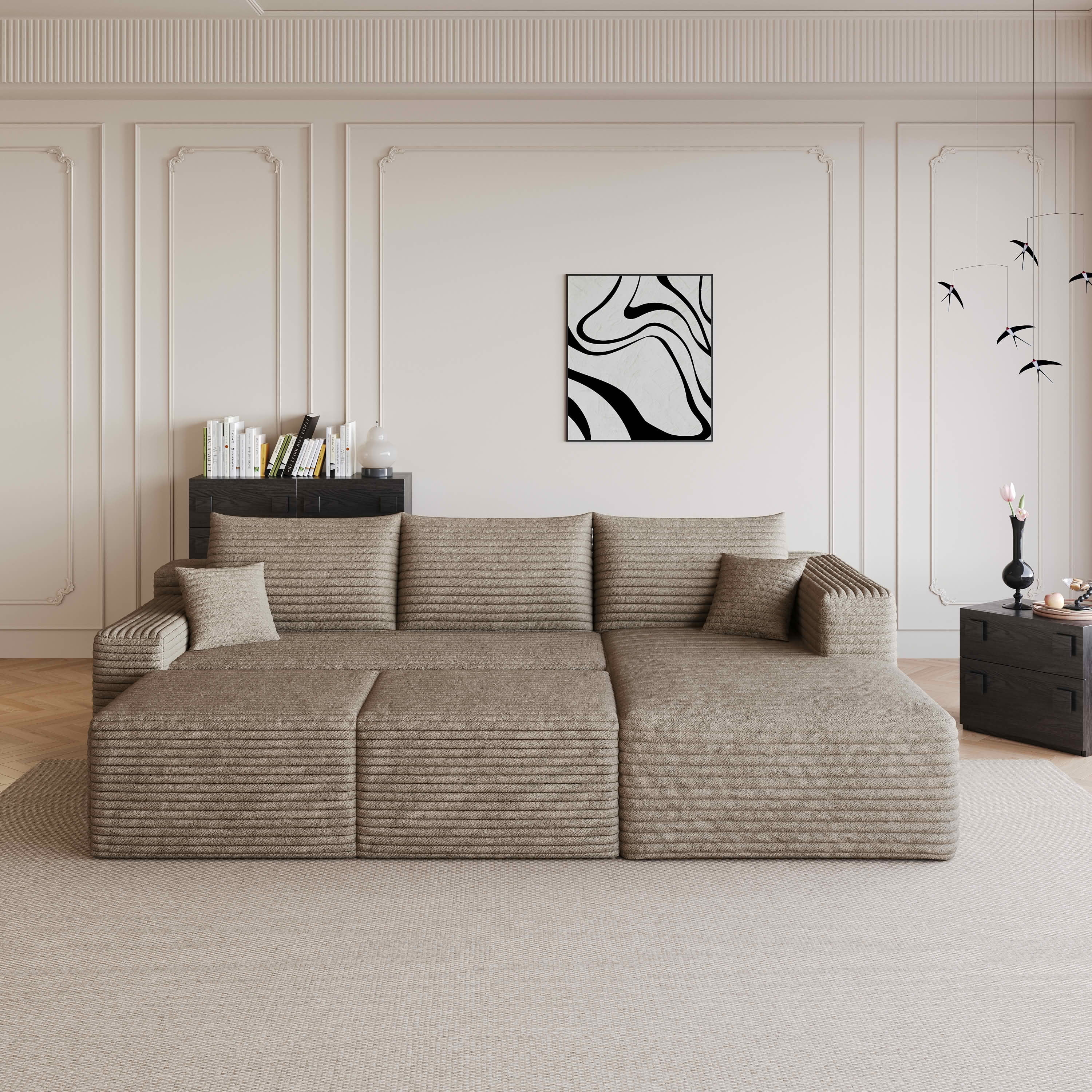 MAYEERTY 95" Cloud Sectional Sofa with 2 Ottomans, U-Shaped Corduroy Deep Seat Couch, No Assembly for Living Room, Brown