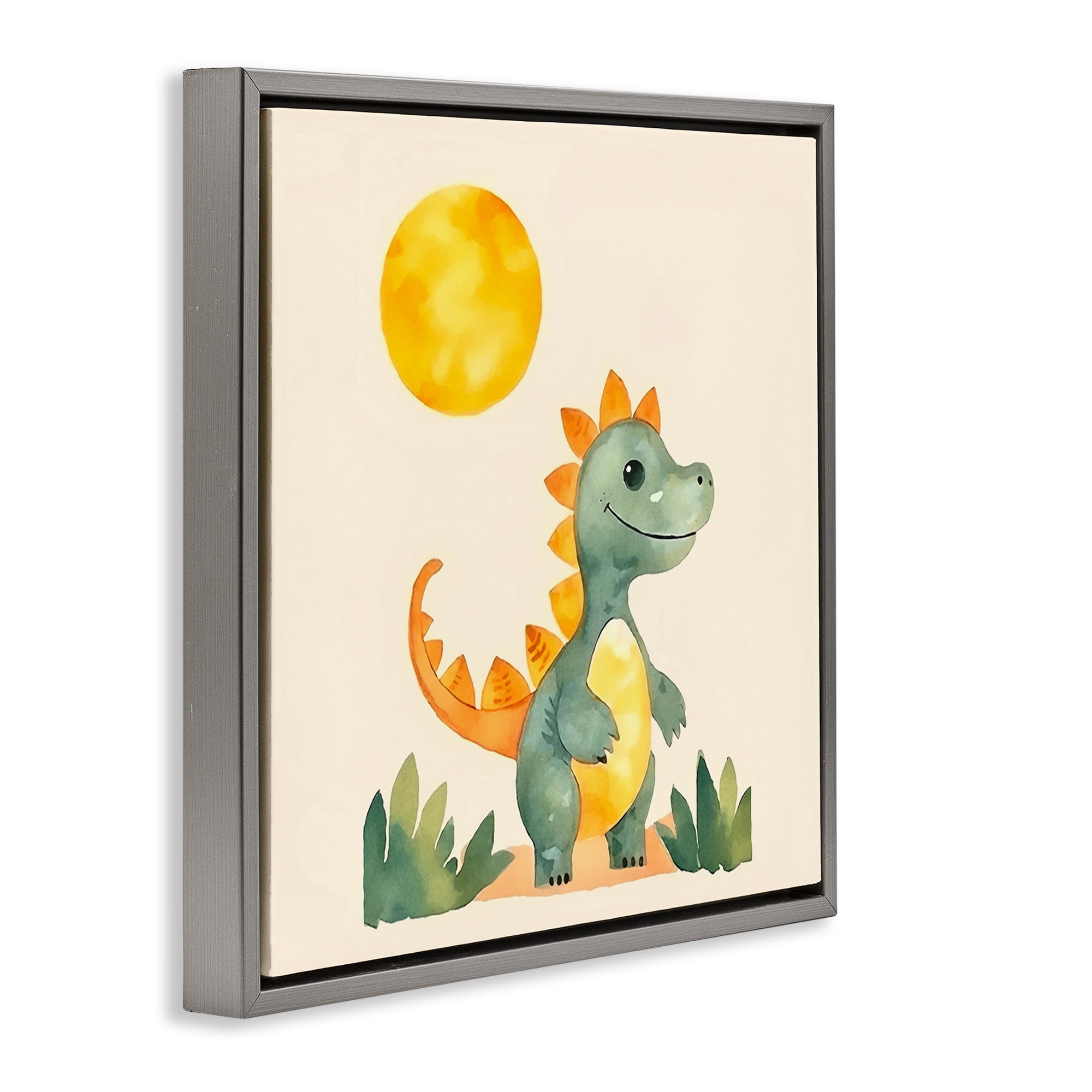 Stupell Industries Happy Dinosaur & Sun Animals Painting Gray Floater Framed Canvas Art Print Wall Art, 18 x 18