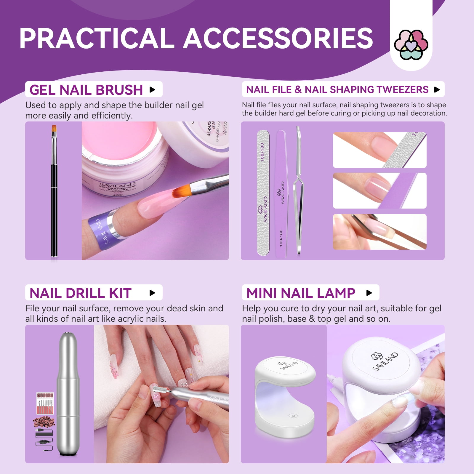 SAVILAND Builder Hard Gel Kit with Nail Drill - 3Pcs Hard Gel(VE&VB5&Kerain) Clear Pink Nudes Builder Nail Gel with Nail Brush Nail Strengthener Gel for Nail Extension Shaping DIY