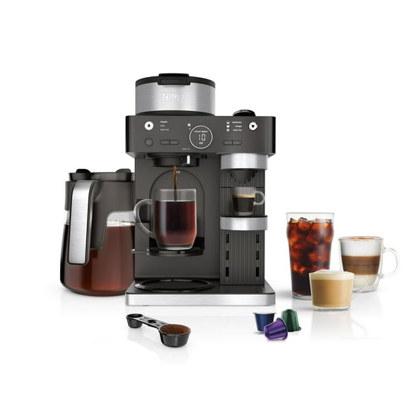 Ninja CFN601C Espresso & Coffee Barista System, Single-Serve Coffee & Nespresso Capsule Compatible, 12-Cup Carafe, Built-in Frother, Espresso, Cappuccino & Latte Maker, Black and Stainless Steel