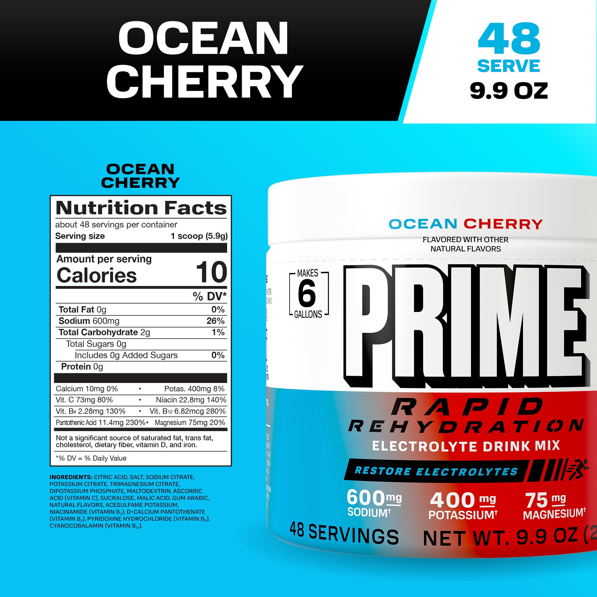 Prime Rapid Rehydration Powder, Ocean Cherry, 48 srv, Tub