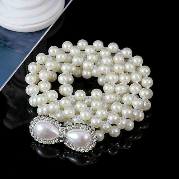 White Acrylic Imitiaotn Pearl Beaded Elastic Chain Belts with Alloy Buckles Silver color Plated Bowknot 600~800x20~30mm