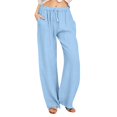 thumbnail image 2 of Linen Pants Women High Waisted Pants Casual Wide Leg Palazzo Pant Drawstring Elastic Waist Loose Fit Beach Trousers Blue M, 2 of 3