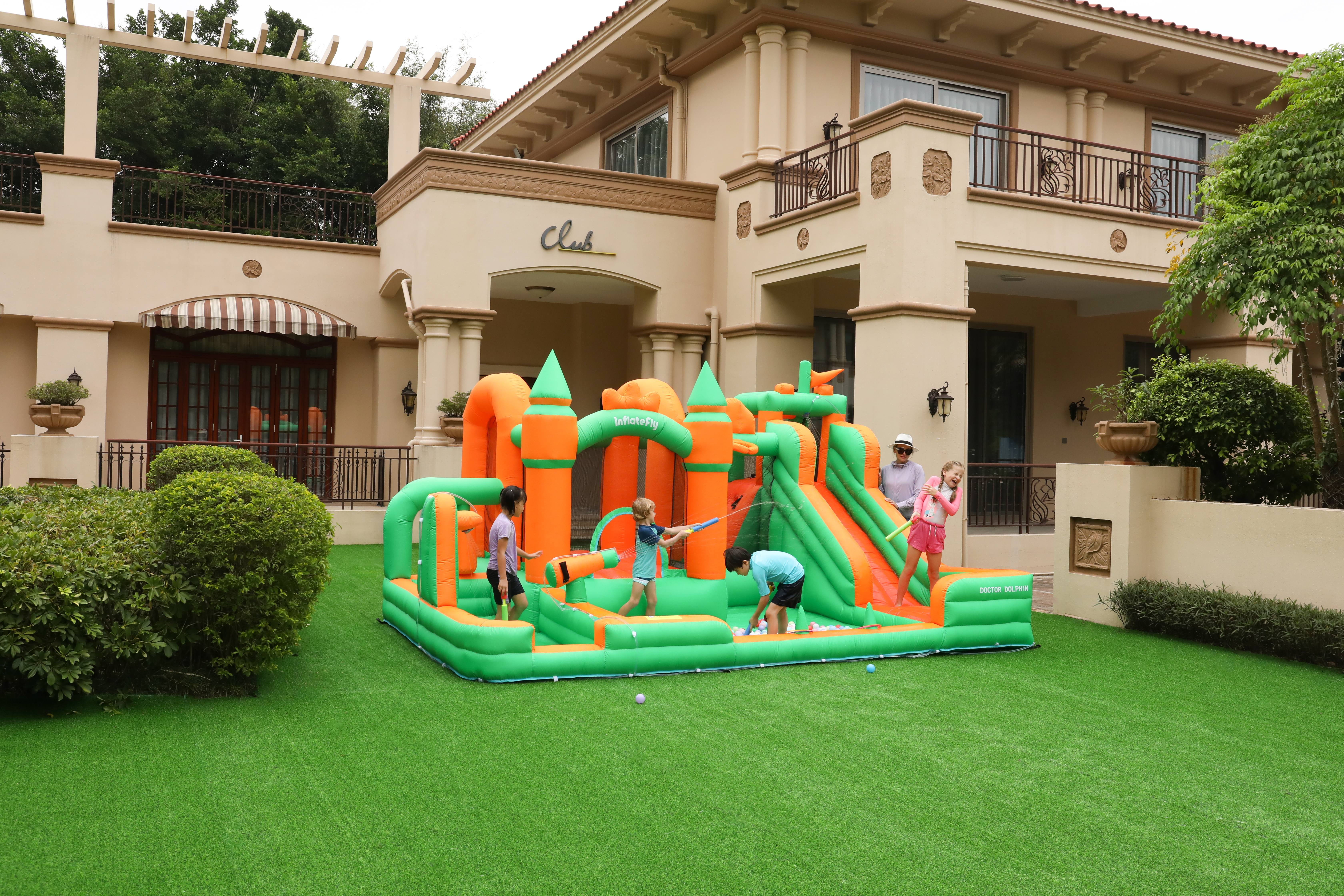 Doctor Dolphin Water Slide Inflatable Bounce House Kid Toddler Bouncer with Blower Large Water Park Waterslide for Wet and Dry