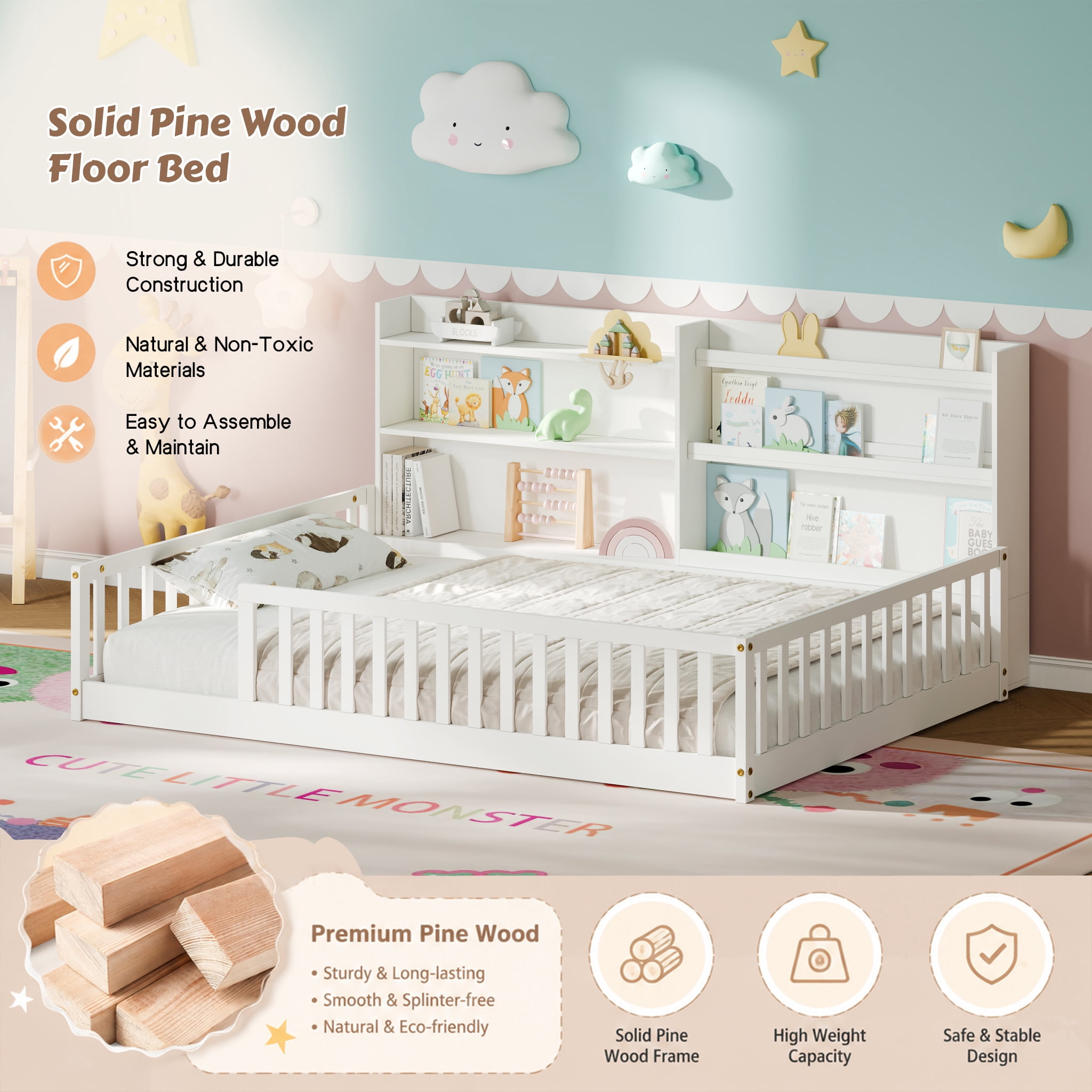 Garitin Full Floor Bed and Montessori Kids Bed 77.2 Inch, Solid Pine Wood Frame with Bookshelf and Safety Rails for Children Bedroom, White