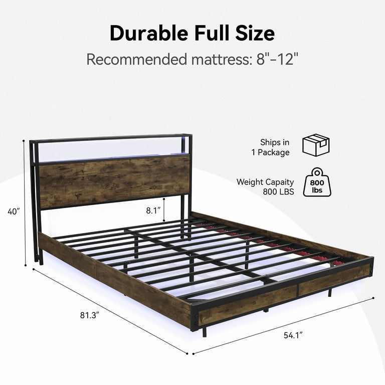Sailvan Full Size Bed Frame with LED Lights & USB Charging, Brown photo 2