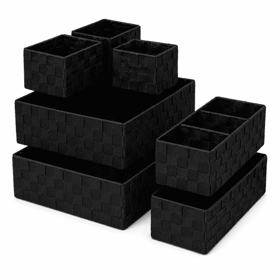 Set Of 7 Nested Woven Cube Baskets Drawer Organizers, Black, Multi Sizes