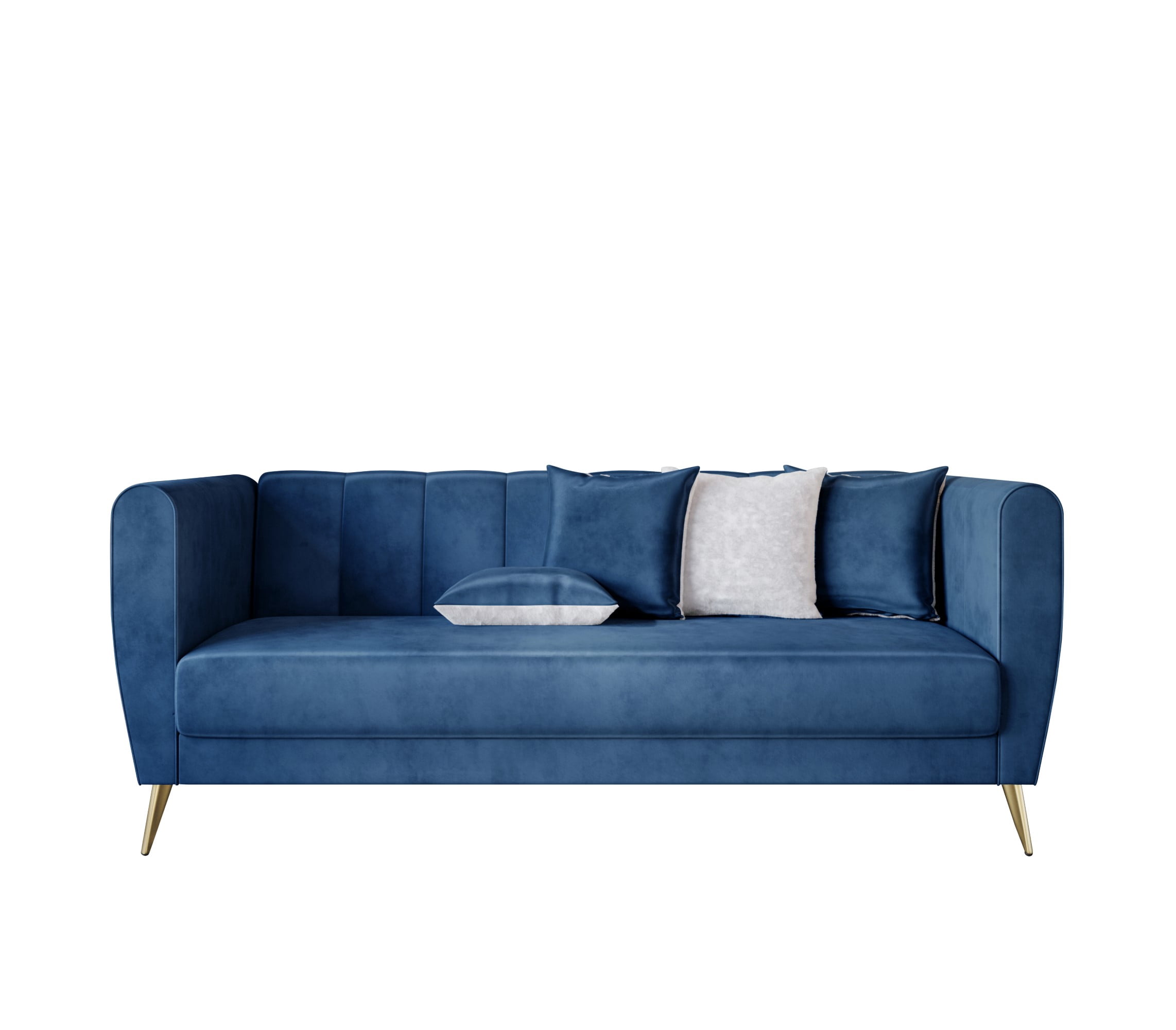 Home Design Scarlett Velvet Flared Arm 3-Seater Sofa with 4 Throw Pillows, Vertical Channel Tufting and Metal Legs, Modern Luxury, Blue