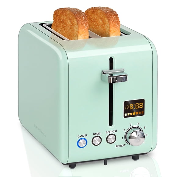 Tostadora SEEDEEM de 2 rebanadas, tostadora de pan de acero inoxidable, pantalla LCD a color, 7 ajustes de pantalla de pan, ranuras de 1,4 pulgadas de ancho, funciones de tostadora para bagel/desconge