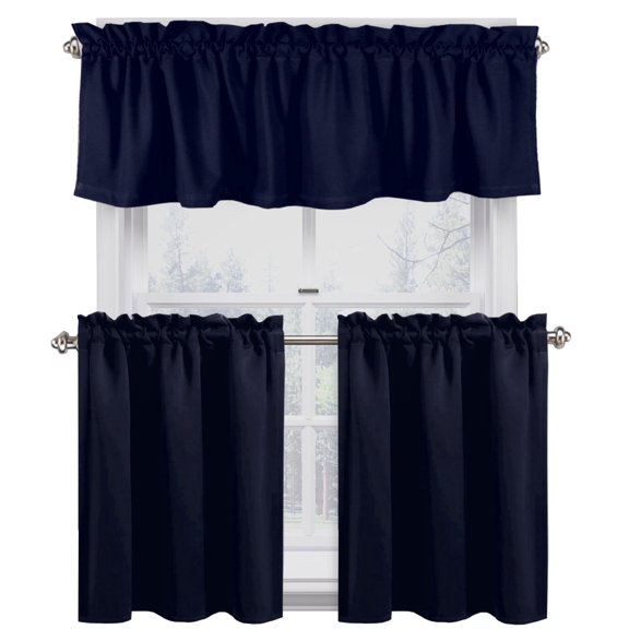 Native Fab Full Kitchen Curtain Tiers Valance 3 Piece 100% Cotton - Rod Pocket Style - Navy Blue