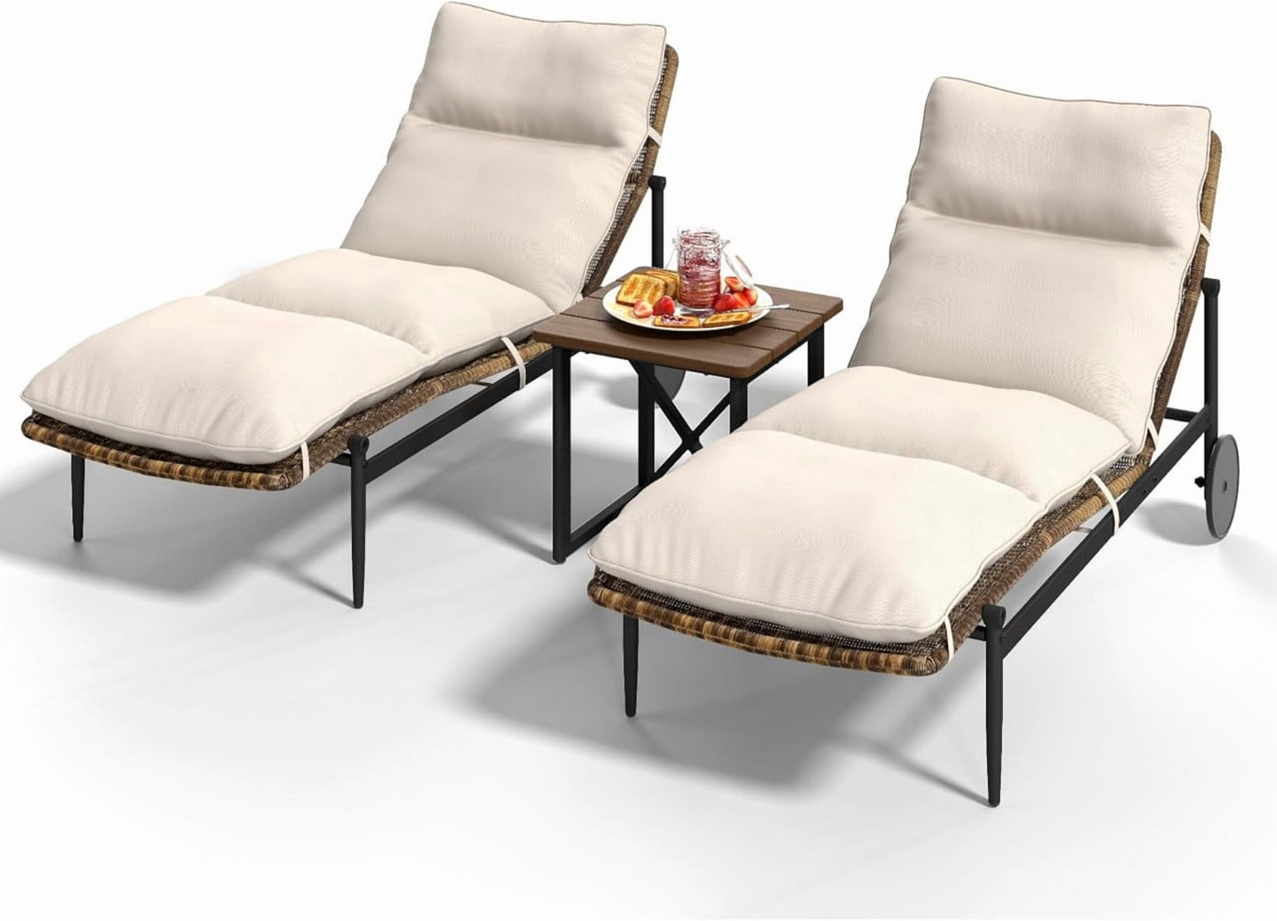 3-Piece Patio Chaise Lounge Set,Double Outdoor Lounge Chairs with 1 Side Table, Outdoor Conversation Set for Pool Deck Porch