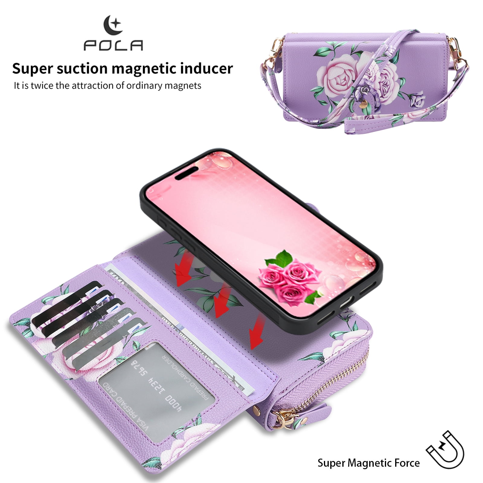 TECH CIRCLE 2-in-1 Wallet Case for iPhone 16 Pro (6.3", 2024), Detachable Magnetic Back Cover, Flip Flower Phone Case with 15 Card Slots, Zipper Pocket, Crossbody Strap, Wrist Strap, Purple