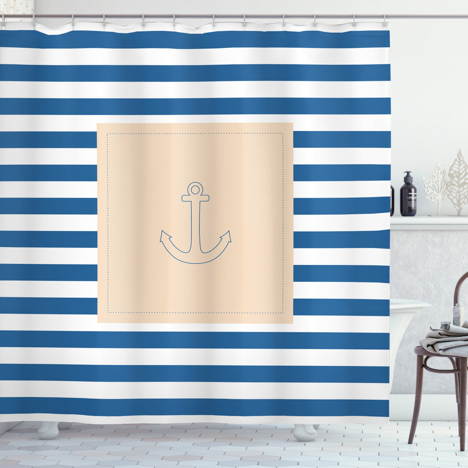 Fabric Bathroom Decor Set with Hooks Old Fashion Stylish Nautical Fashion with Anchors Coast Theme 70 inches Yellow Blue Ambesonne Harbour Stripe Shower Curtain 