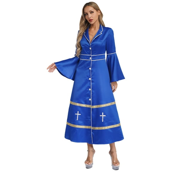 Kaerm Clergy Dress for Women Loose Fit Choir Robe Flared Sleeves Church Liturgical Praise Worship Dress Royal Blue M