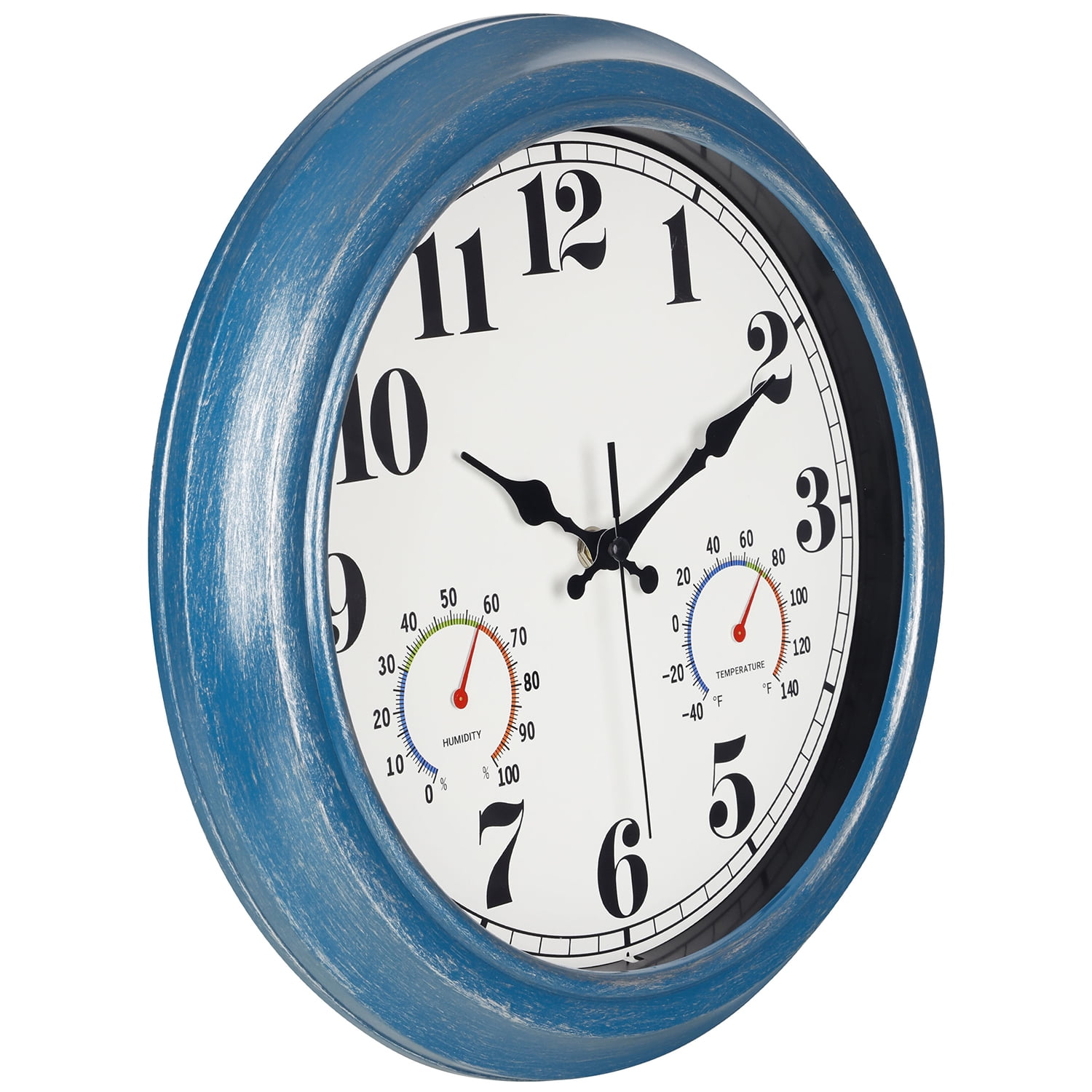 13 Inch Retro Wall Clock,Indoor and Outdoor,Quartz,Analog,Waterproof,Thermometer,Blue