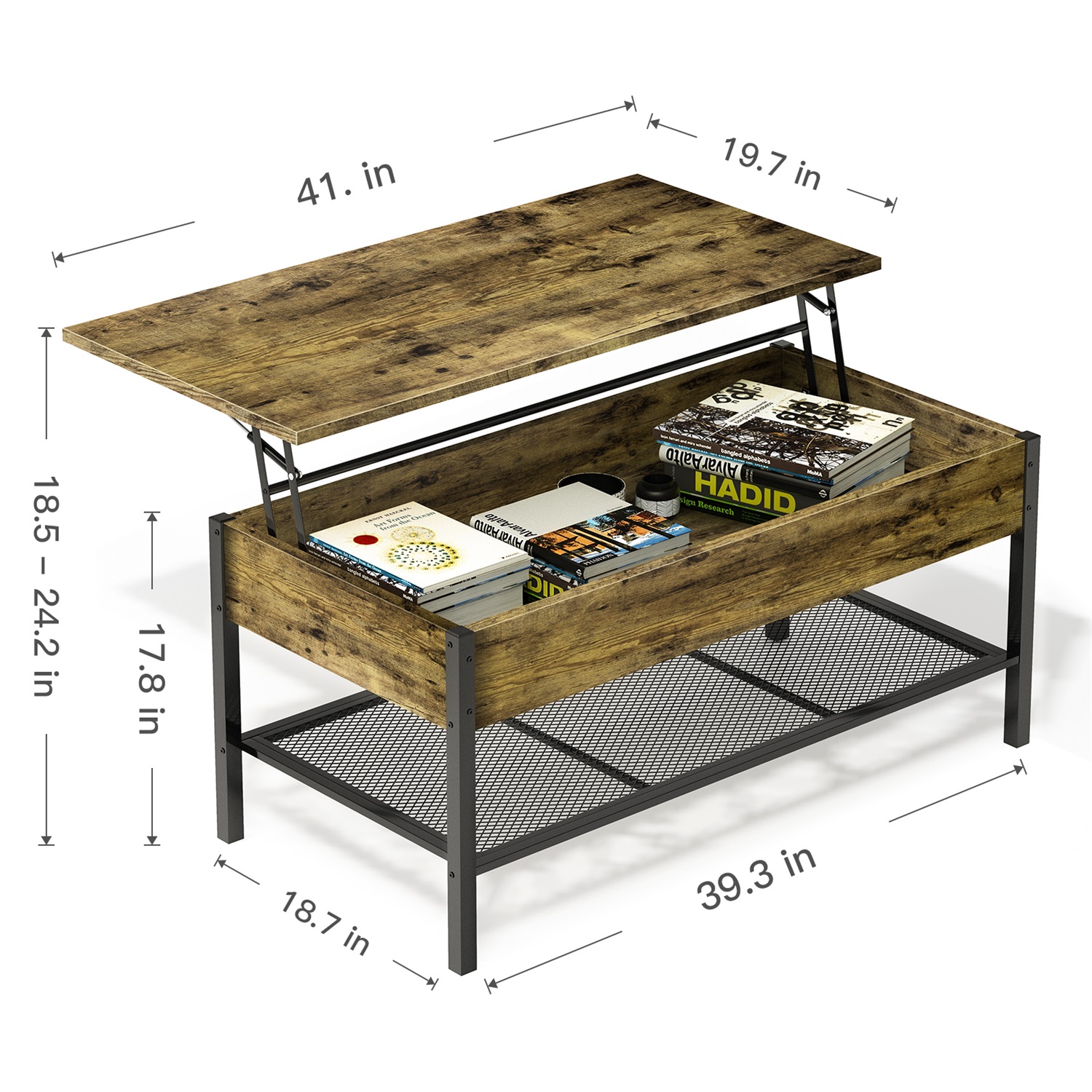 Veryke Lift Top Coffee Table with Storage, Raisable Top Central Table with Hidden Compartment Tabletop and Open Shelf - Brown