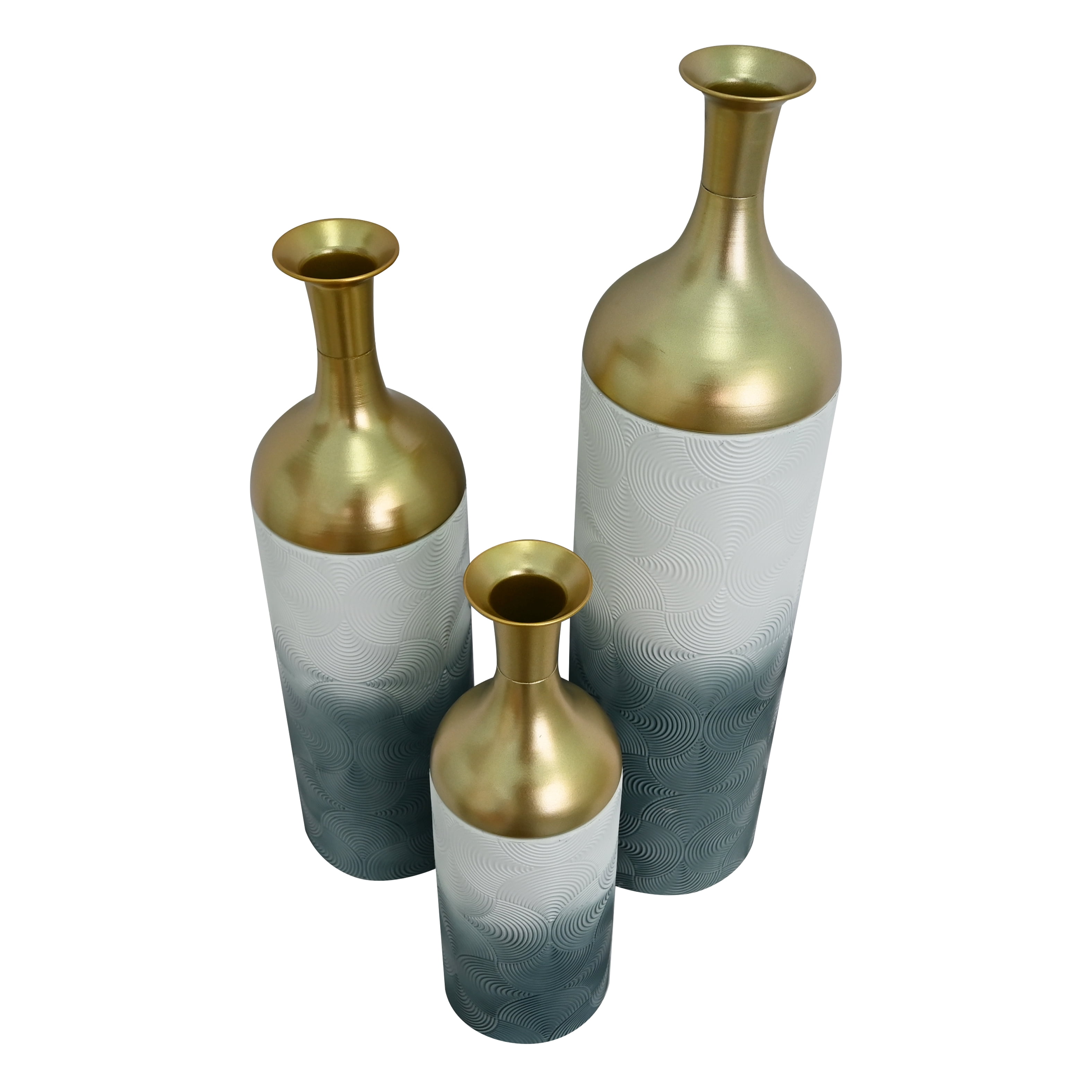Metal Floor Vases Set of 3 with Leaf Pattern, Tall Decorative Vases and Home Decor Accents for Living Room Entryway, Antique Grey and White