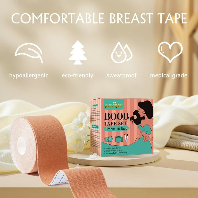 Purvigor 26ft/8m Breast Lift Tape Set for Invisible Natural Look,  Stretchable Latex-free for Sensitive Skin with 2 Reusable Silicone Nipple  Covers, 40
