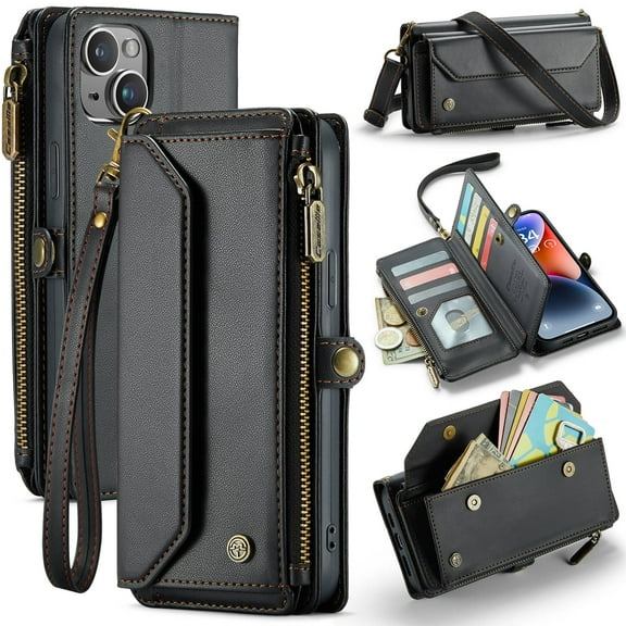 Crossbody for iPhone 14 Plus Case Wallet【RFID Blocking】with 10-Card Holder Zipper Bills Slot, Soft PU Leather Magnetic Shoulder Wrist Strap for iPhone 14 Plus Wallet Case Women