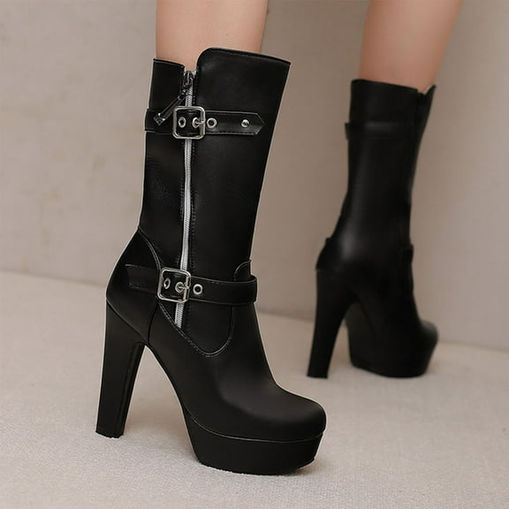 Bnwani Women Boots New Winter Fashion High-Heel High Mid-Calf Casual Solid Boot Black Size 5.5