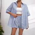 thumbnail image 5 of Fmbrln Womens Summer 2 Piece Sets Casual Stripe Print Turndown Collar Button Short Sleeve Shirts and Drawstring Elastic Waist Shorts Sets Lounge Vacation Outfits Blue XL, 5 of 5