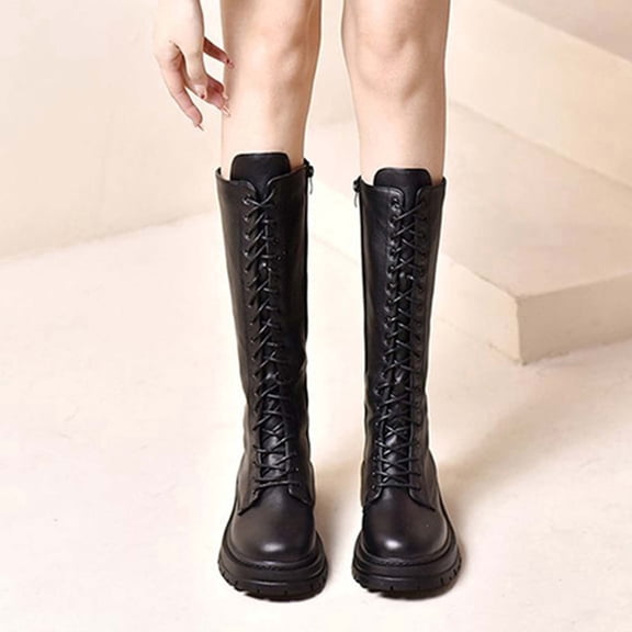 JUSLIO Boots for Women,Chunky Heel Boots Fashion Casual Slip on Platform Comfort Solid Color Lace Up Womens Boots