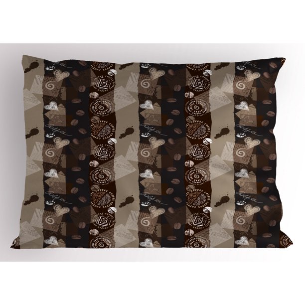Brown Pillow Sham Coffee Typography Hearts and Beans on Abstract