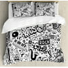 Doodle Queen Size Duvet Cover Set, Music Collection with an Abstract Drawing Rock Jazz Blues Genre Classic Dancing, Decorative 3 Piece Bedding Set with 2 Pillow Shams, Black White, by Ambesonne