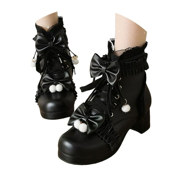 Mepaouo Women Goth Platform Boots Chunky High Heels Lace up Lolita Dress Ankle Booties with Cute Bow