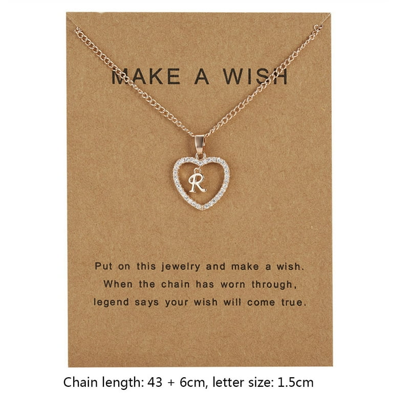 26 Letters R Heart Shape Pendant Necklace Rhinestone Rose Golden