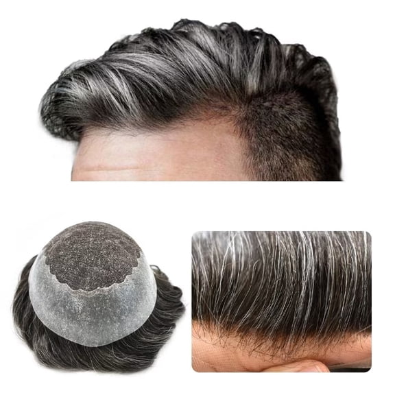 Toupee for Men French Lace Front Mens Toupee Human Hair Replacement System Lace with Thin Skin Poly Hairpiece for Man Bleached Knots Hair Wig Units #240 Darkest Brown with 40% Gray