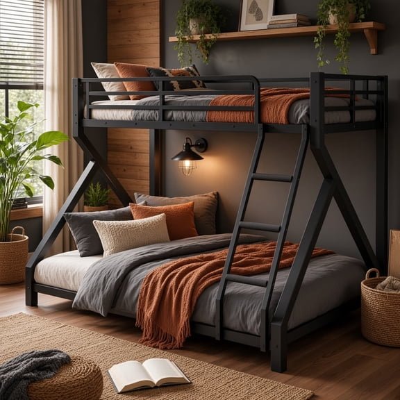 Twin over Full Metal Bunk Bed with Ladder, Upgraded Support Slats, Low Profile, Black