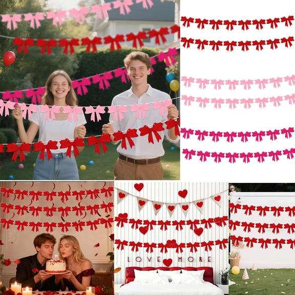 2Pcs Valentines Day Felt Bow Long String Banner, Wedding and Party Background Decoration, Pink Bow Tie Decorative Banner for Holiday Decoration