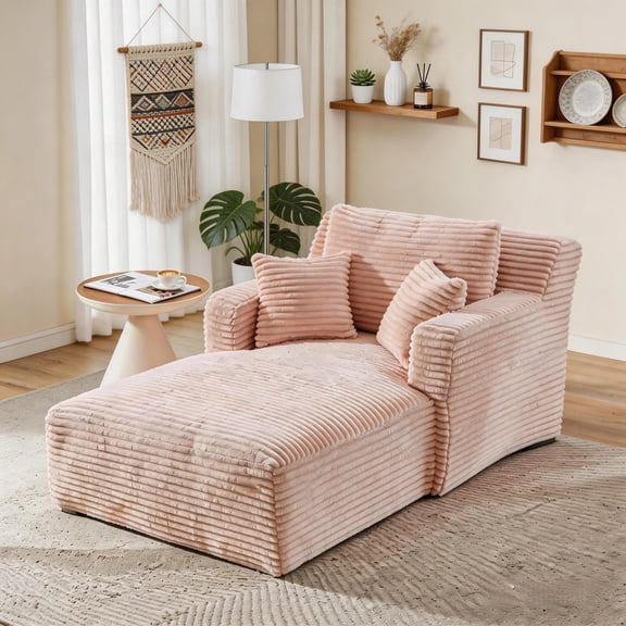 Tmsan 65.4" Chaise Lounge Chair Indoor, Corduroy Oversized Boneless Chairs Sofa Bed with 3 Pillows, Deep Seat Comfy Upholstered Reading for Living Room,Office, Bedroom, Apartment, Pink