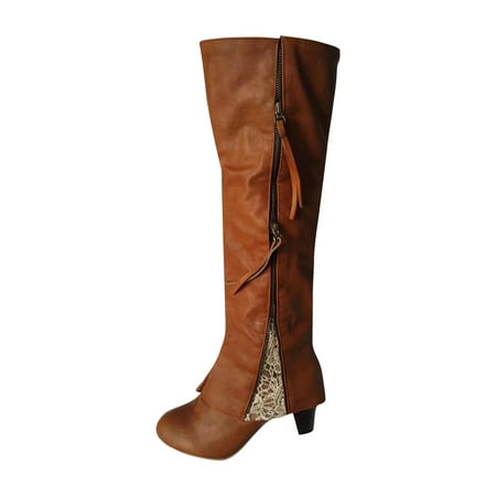 

Women s Round Toe High Heeled Thick Heeled Double Zipper Lace Stitching High Boots