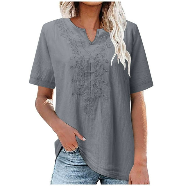Timegard Womens Tops Notched V Neck Short Sleeve Embroidery Tops Loose Blouse Spring Summer Fashion