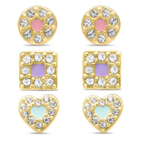 Gold Plated Sterling Silver Purple Enamel Crystal Square, Pink Enamel Crystal Round Disc and Mint Green Enamel Crystal Heart Stud Earrings - Age 3-4
