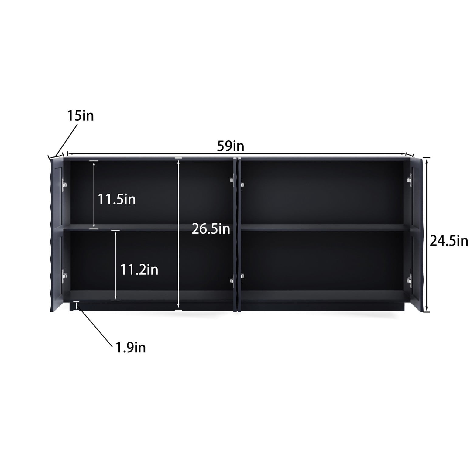 Modern 59" Buffet Cabinet with Storage, 4-Door Wave Textured Sideboard, Black Accent Console Table, Floor Standing Credenza for Living Room Kitchen, Navy Blue