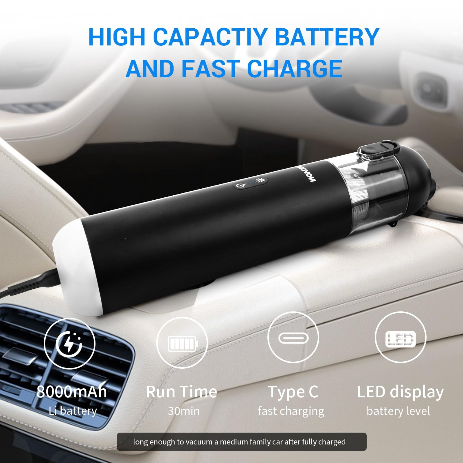 NOVORIK Cordless Handheld Vacuum Cleaner 15000Pa, Portable Car Vacuum with HEPA Filter, Rechargeable Mini Vacuum for Car, Home, Pet Hair, Wet Dry Cleaning, Blower & Inflator