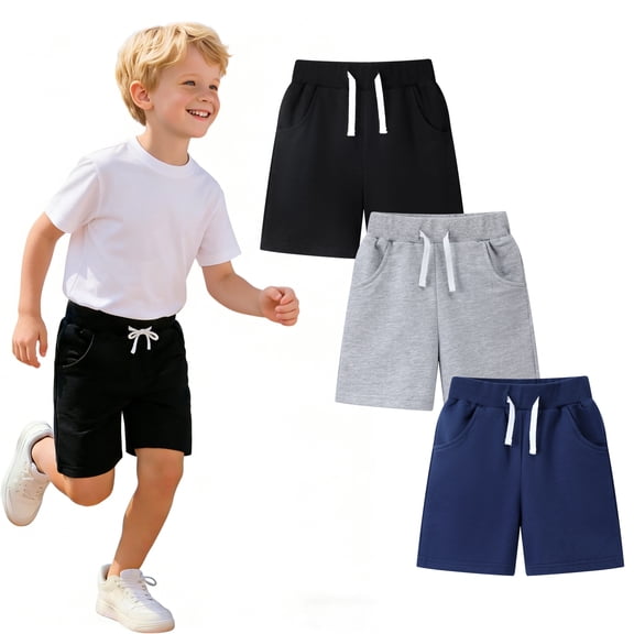 HILEELANG Toddler Boys' Cotton Shorts 3-Pack with Pockets, Grey/Black/Navy, Size 5 Years