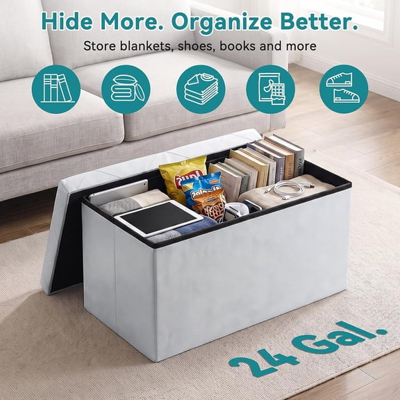 Nextay 30" Folding Storage Ottoman Bench, PVC Fabric Footrest Stool with Hidden Storage, Gray